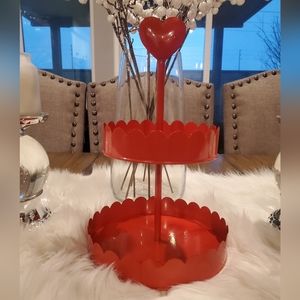 11.8" Valentines Red Heart Shape Two Tier Metal Tray